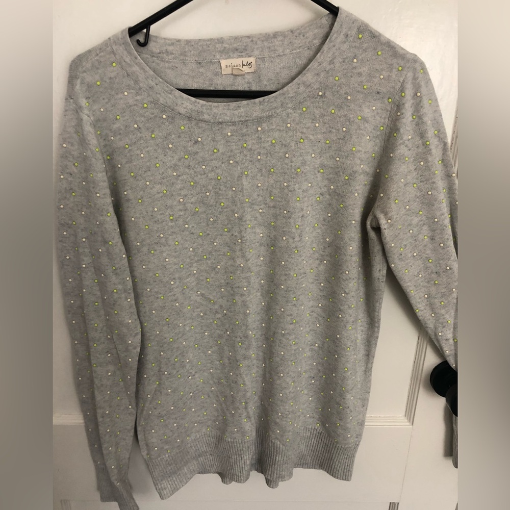 Women’s Sweater Maison Jules Grey with Lime and White Polka Dots Size M
